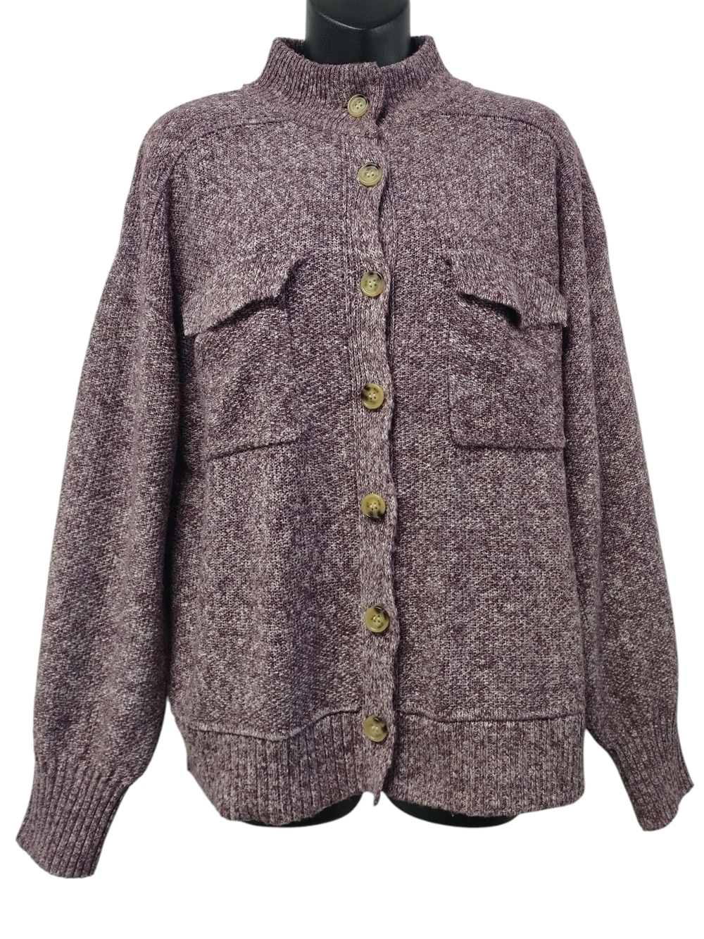 Staccato MarlKnit Button Front Cardigan Sweater Mock Neck Cargo Pockets Purple M